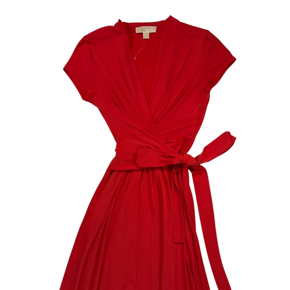 Michael Kors High-Low Wrap Dress 8 Coral V-Neck Short Sleeve Glam Romantic Chic - Picture 2 of 11